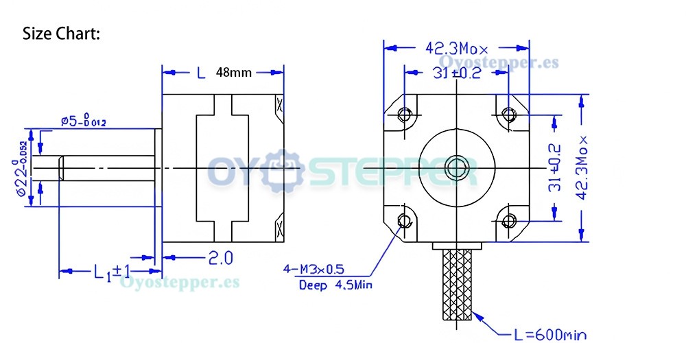 OUKEDA 42BYGHW811 Motor paso a paso NEMA 17 de 0.5Nm 2.5A y 1.8&deg; para impresora 3D